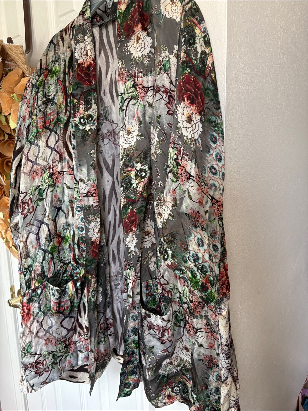 APNY Boho Floral Kimono Open Front Duster L SILK